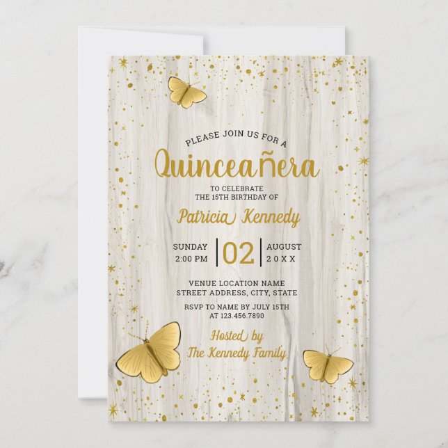 Invitation Papillon de Parties scintillant d'or Quinceanera e (Devant)