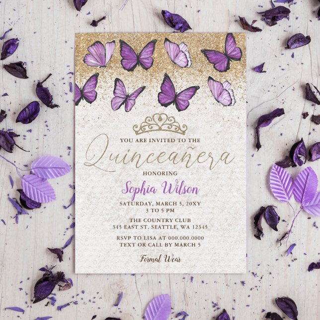 Invitation Papillon de Parties scintillant en or violet Quinc (Purple Gold Glitter Butterfly Quinceañera Invitation )