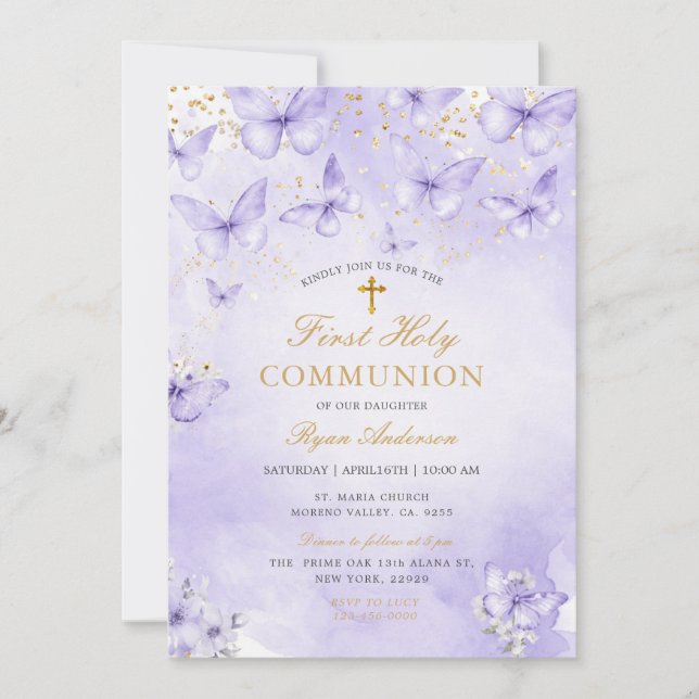Invitation Papillon de première communion Or Violet  (Devant)