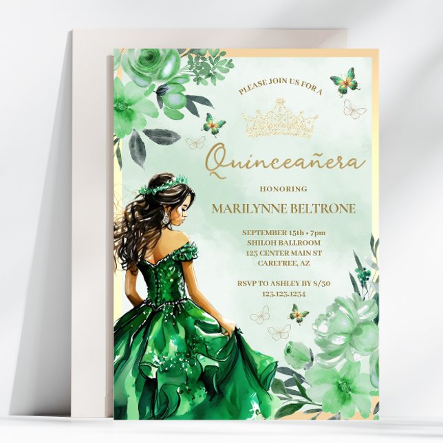 Invitation Papillon de princesse floral vert Quinceañera  (Créateur téléchargé)