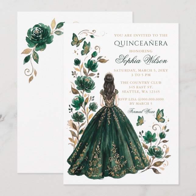 Invitation Papillon de princesse florale or émeraude Quinceañ (Devant / Derrière)