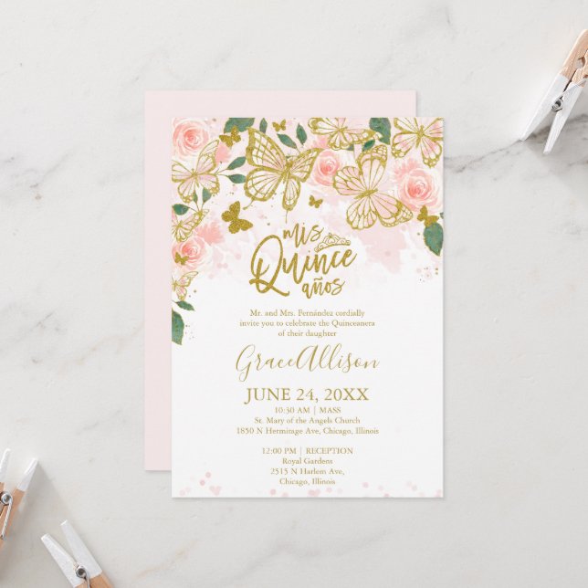 Invitation Papillon de Quinceanera Formulation ang (Devant/Arrière en situation)