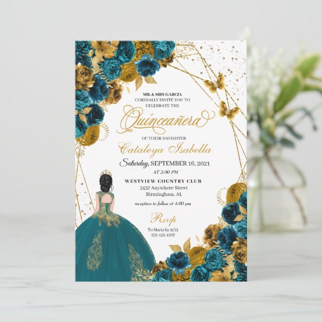 Invitation Papillon de sarcelle et or Princesse Quinceanera (Debout devant)
