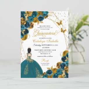 Invitation Papillon de sarcelle et or Princesse Quinceanera