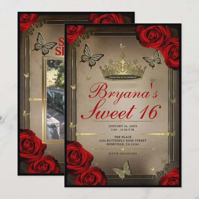 Invitation Papillon de Tiara d'Or et Roses Rouges Douce 16 Ph (Devant / Derrière)