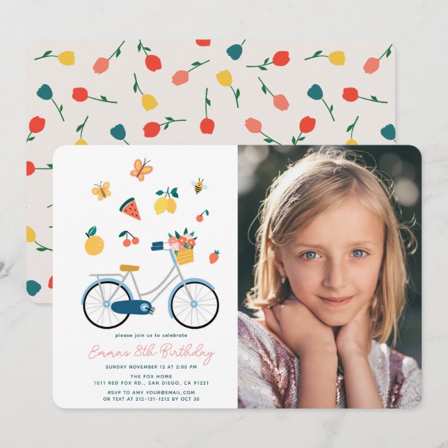 Invitation Papillon de vélo Fruité Photo Fille Anniversaire (Devant / Derrière)