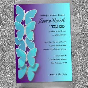 Invitation Papillon Dimensional bat mitzvah Turquoise violet