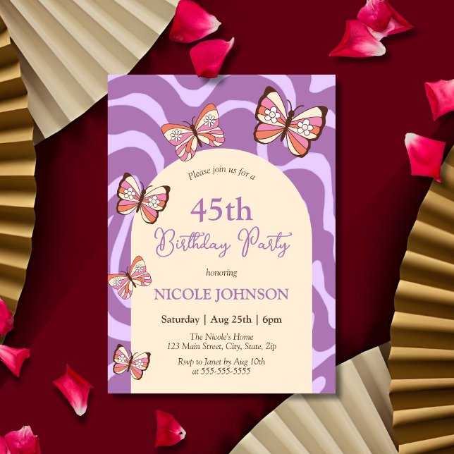 Invitation Papillon d'onde rétro Beige violet Anniversaire (Créateur téléchargé)