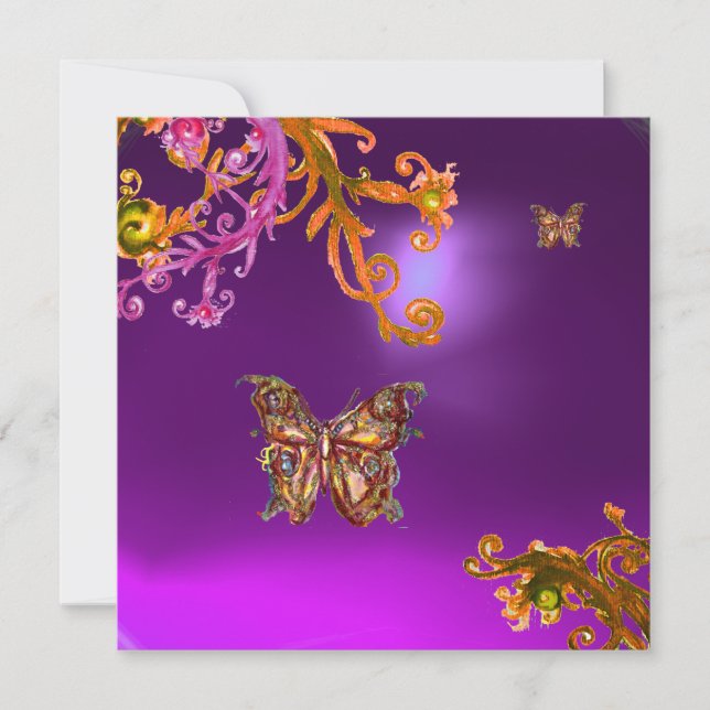 INVITATION PAPILLON D'OR DANS TOURBILLONS DE FLEURS VIOLETTES (Devant)