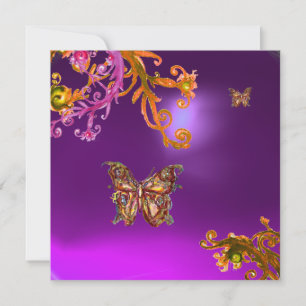 INVITATION PAPILLON D'OR DANS TOURBILLONS DE FLEURS VIOLETTES