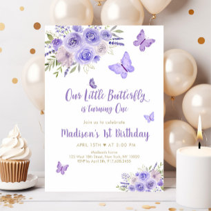Invitation Papillon d'or pourpre Floral 1er anniversaire