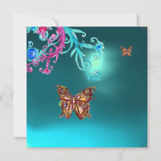 INVITATION PAPILLON D'OR TEAL BLEU AQUA PIERRE PRÉCIEUSE (Devant)