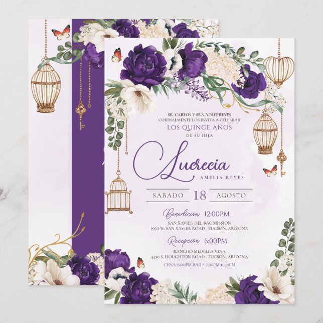 Invitation Papillon d'or violet Floral Élégant Quinceañera (Devant / Derrière)