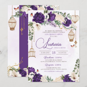 Invitation Papillon d'or violet Floral Élégant Quinceañera