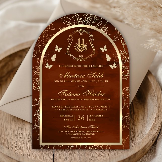 Invitation Papillon doré Arc Orange Brûlé Mariage Musulman (Créateur téléchargé)