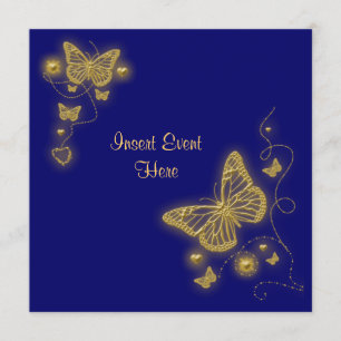 Invitation Papillon doré élégant pour fête cœur royal bleu
