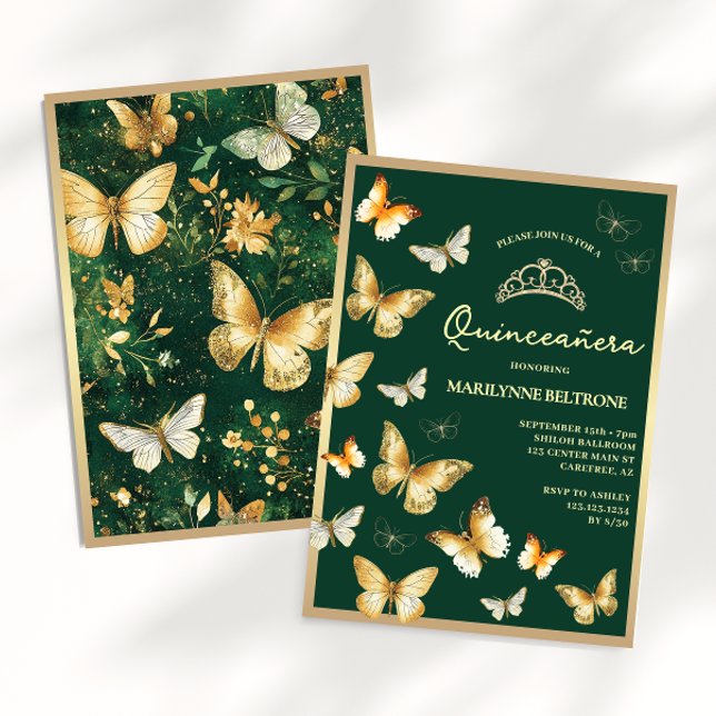 Invitation Papillon doré Émeraude verte Quinceañera (Créateur téléchargé)
