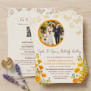 Invitation Papillon doré et photo de mariage aux fleurs sauva