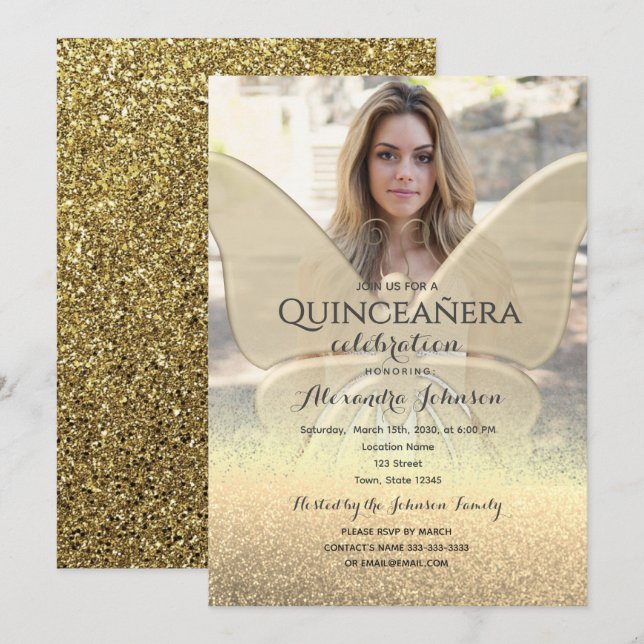 Invitation Papillon Doré Photo Quinceañera (Devant / Derrière)