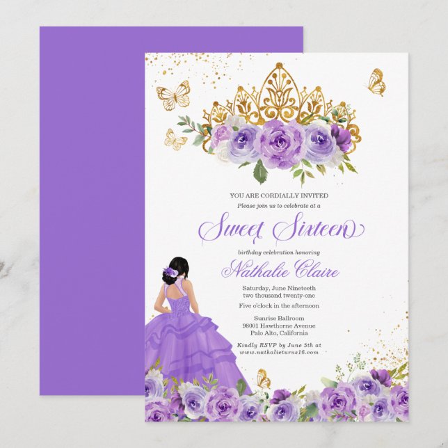 Invitation Papillon doux 16 + Fleurs d'aquarelle violette (Devant / Derrière)