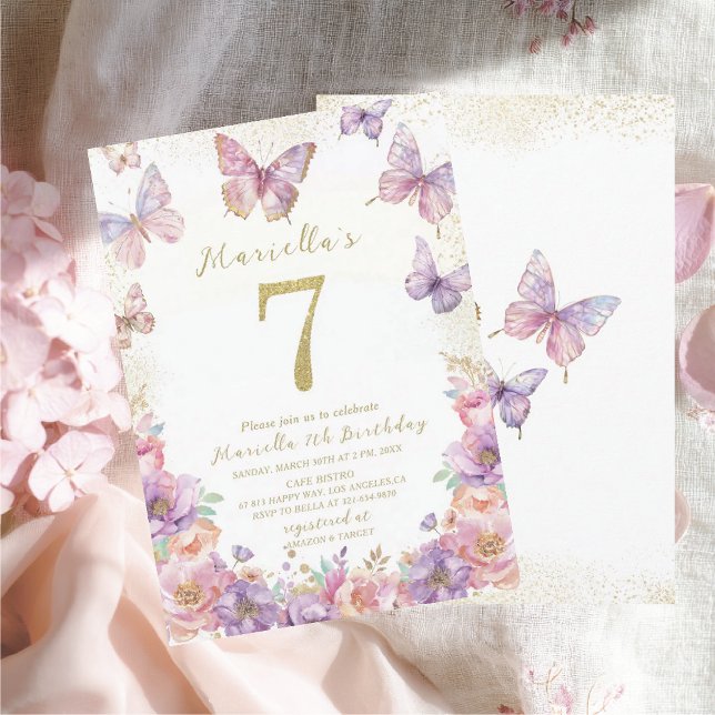 Invitation Papillon élégant aquarelle pour un 7e anniversaire (Créateur téléchargé)