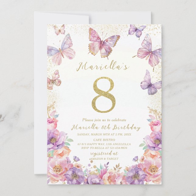 Invitation Papillon élégant aquarelle pour un 8e anniversaire (Devant)