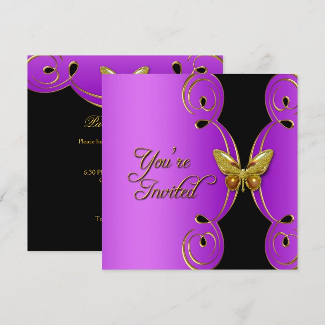 Invitation Papillon élégant fête d'anniversaire Or rose (Devant / Derrière)