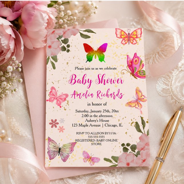 Invitation Papillon élégant fille anniversaire or rose violet (Pink gold purple elegant butterfly girl birthday invitation)