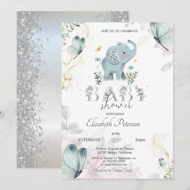 Invitation Papillon éléphant bébé paillettes argent Baby Show (Devant / Derrière)