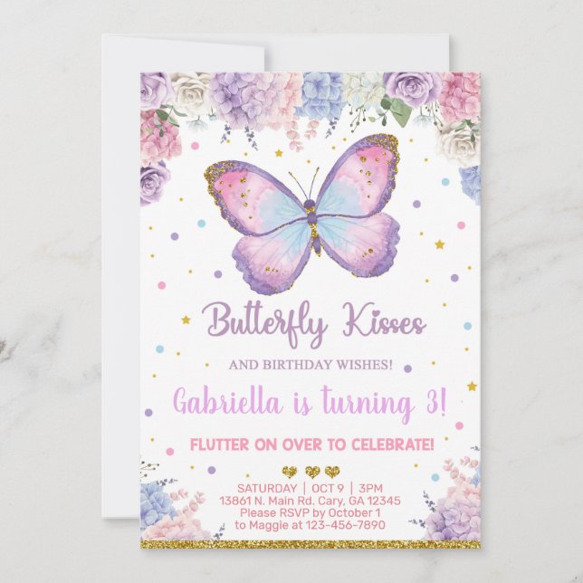 Invitation Papillon embrasse anniversaire voeux fille invitat (Devant)