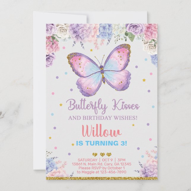 Invitation Papillon embrasse anniversaire voeux fille invitat (Devant)