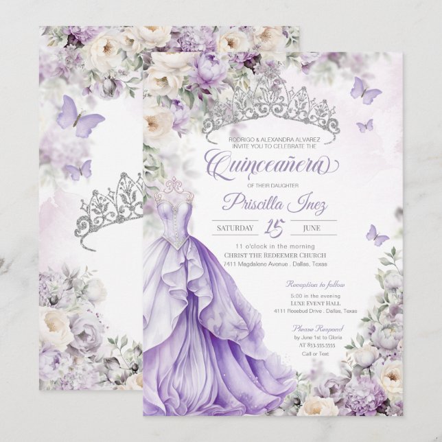 Invitation Papillon en argent lavande princesse Quinceañera (Devant / Derrière)