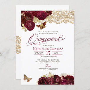 Invitation Papillon en dentelle or de Roses rouges de Bourgog