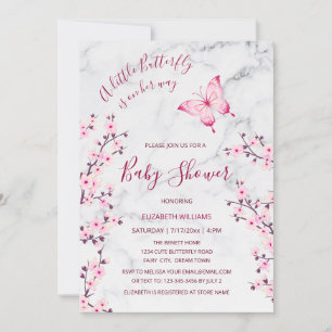 Invitation Papillon en marbre rose gris   Baby shower fille