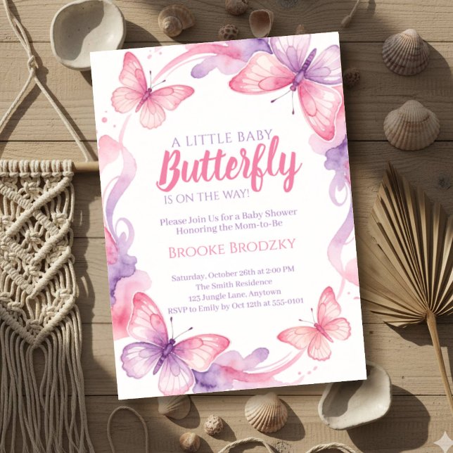 Invitation Papillon En Route Rose Violet Aquarelle Bébé (Créateur téléchargé)