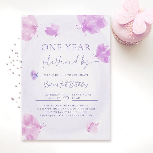 Invitation Papillon farci par rose violet 1er anniversaire (butterfly themed 1st birthday invitation girls pink purple watercolor one year fluttered by)