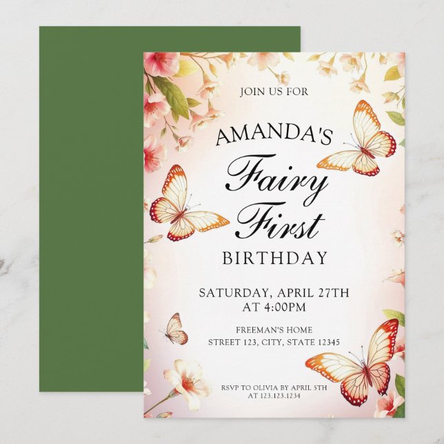 Invitation Papillon fé et thème Floral 1er anniversaire (Devant / Derrière)
