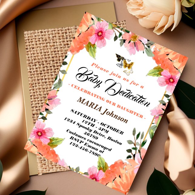 Invitation Papillon féminin aquarelle florale dédicace de béb (Créateur téléchargé)
