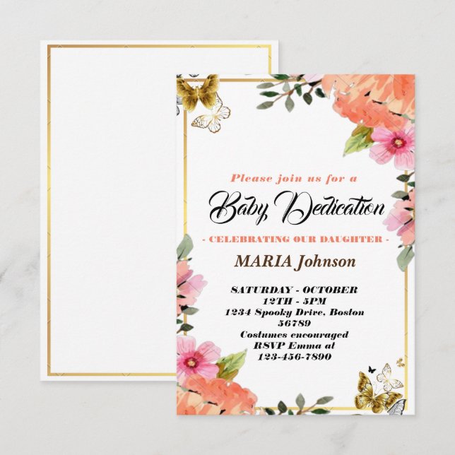 Invitation Papillon féminin aquarelle florale dédicace de béb (Devant / Derrière)