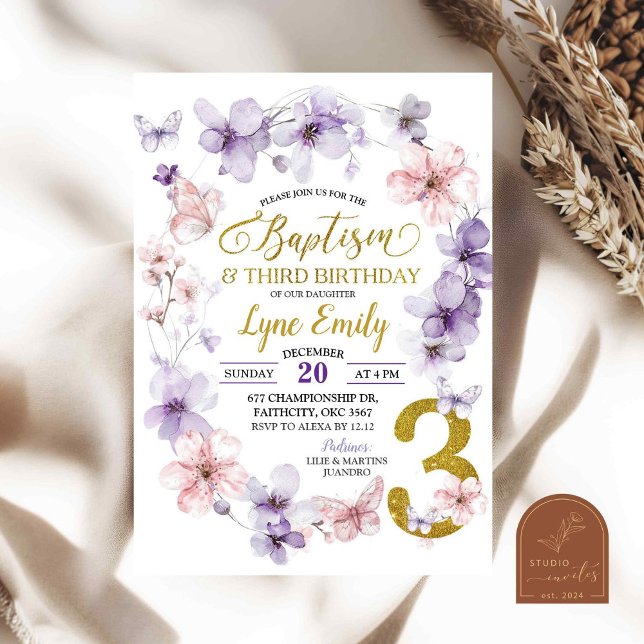 Invitation Papillon Fleur de Cerisier Rose Baptême 3ème Anniv (Créateur téléchargé)