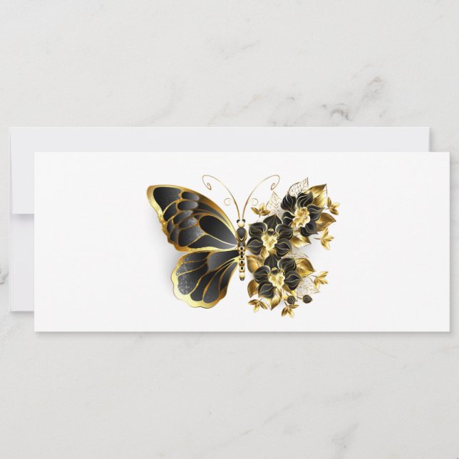 Invitation Papillon Fleur d'Or avec Orchidée Noire (Devant)