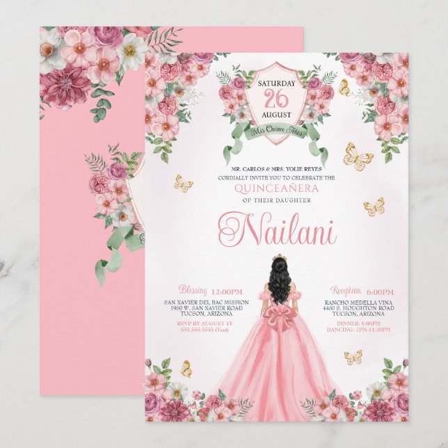 Invitation Papillon Fleur Rose Printemps Quinceanera (Devant / Derrière)