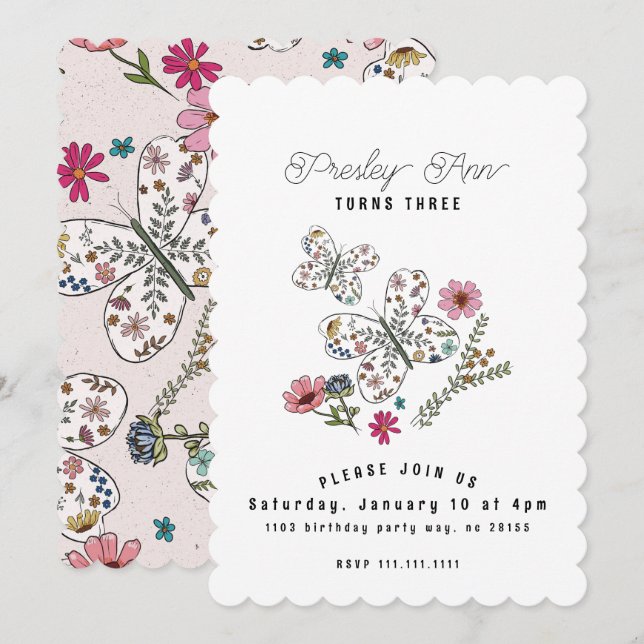 Invitation Papillon Fleur Sauvage (Devant / Derrière)