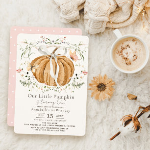 Invitation Papillon Fleur Sauvage Citrouille Rose 1er Anniver