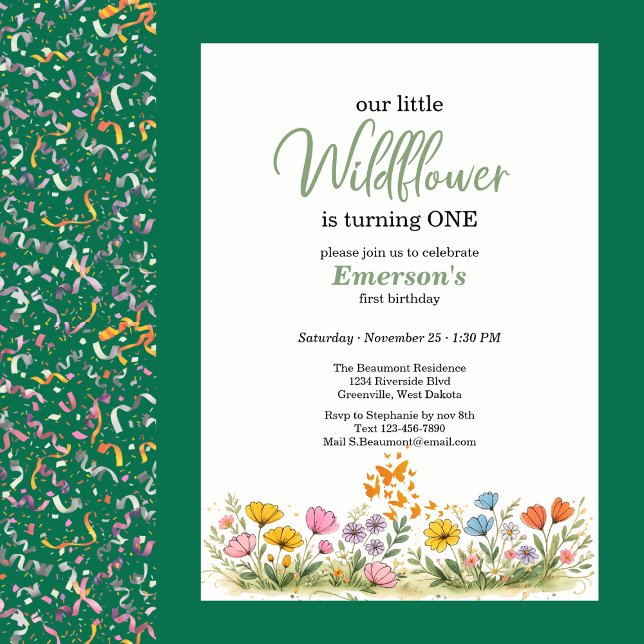 Invitation Papillon Fleur Sauvage Colorée 1er Anniversaire (Créateur téléchargé)
