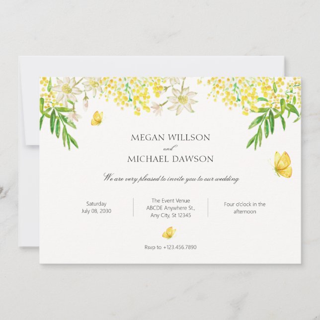 Invitation Papillon fleuri jaune plante mariage (Devant)