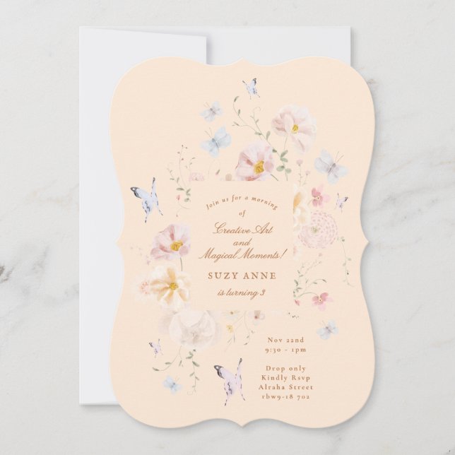 Invitation Papillon & Fleurs Douces Filles Troisième Annivers (Devant)