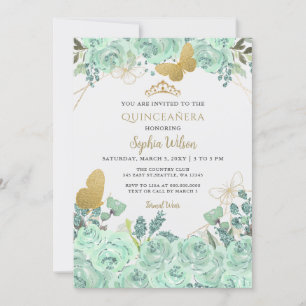 Invitation Papillon floral à la menthe Quinceañera Quince