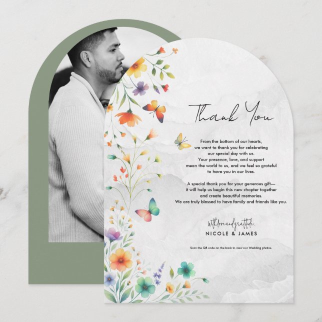 Invitation Papillon floral aquarelle coloré Merci (Devant / Derrière)