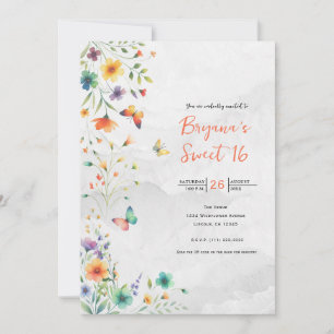 Invitation Papillon floral aquarelle coloré Sweet 16